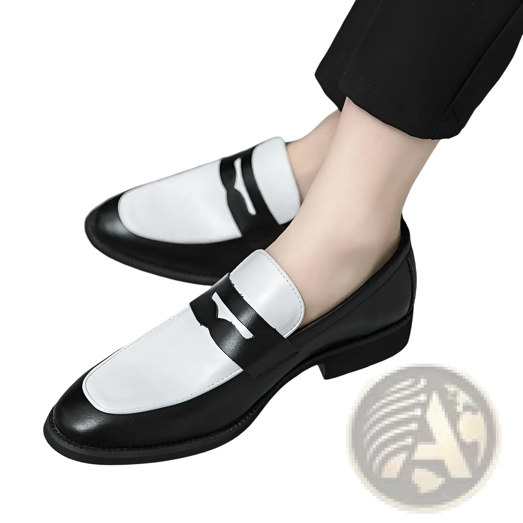 Two-tone black and white leather loafers with a classic design casual slip-on shoes