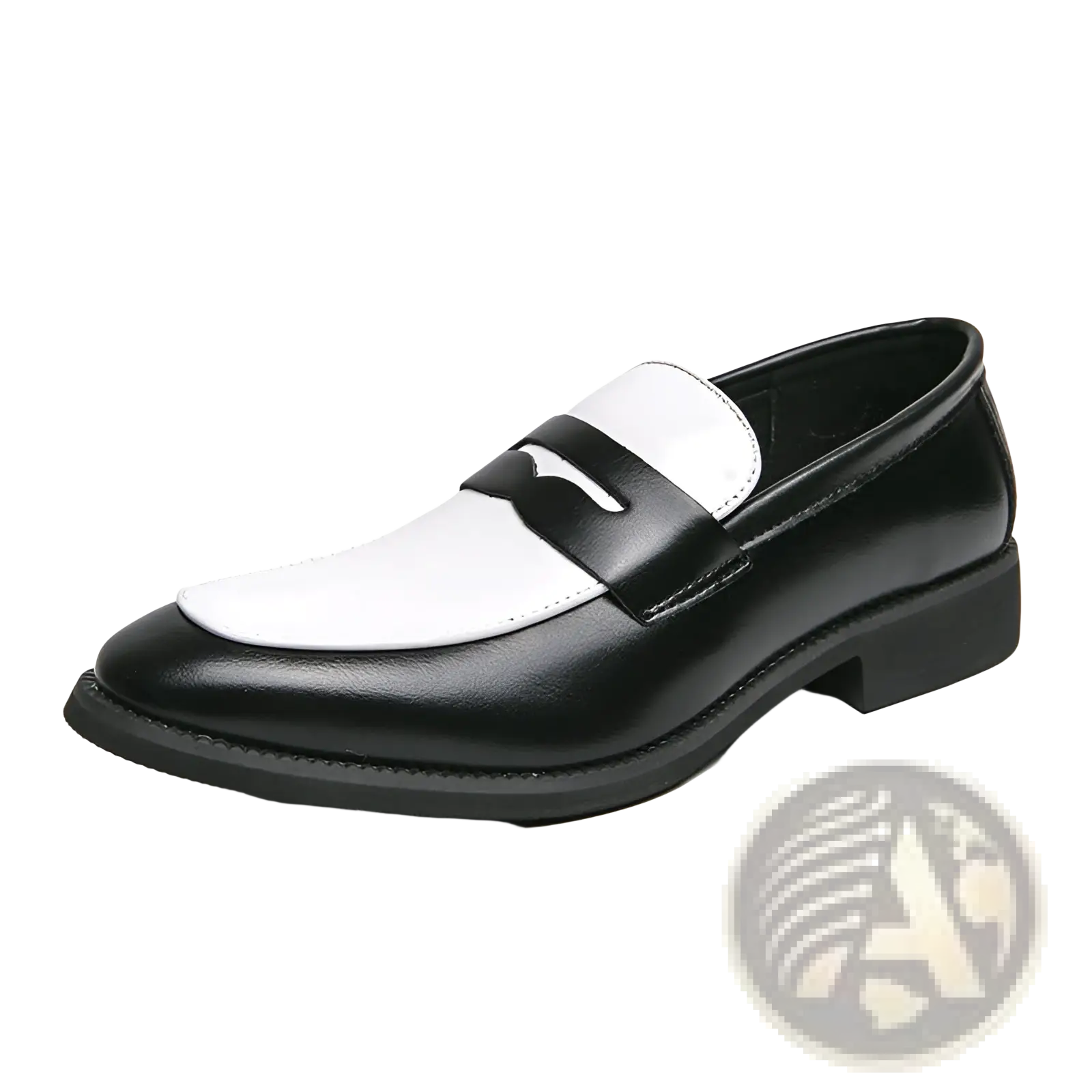 Two-tone black and white leather loafers with a sleek polished finish casual slip-on shoes