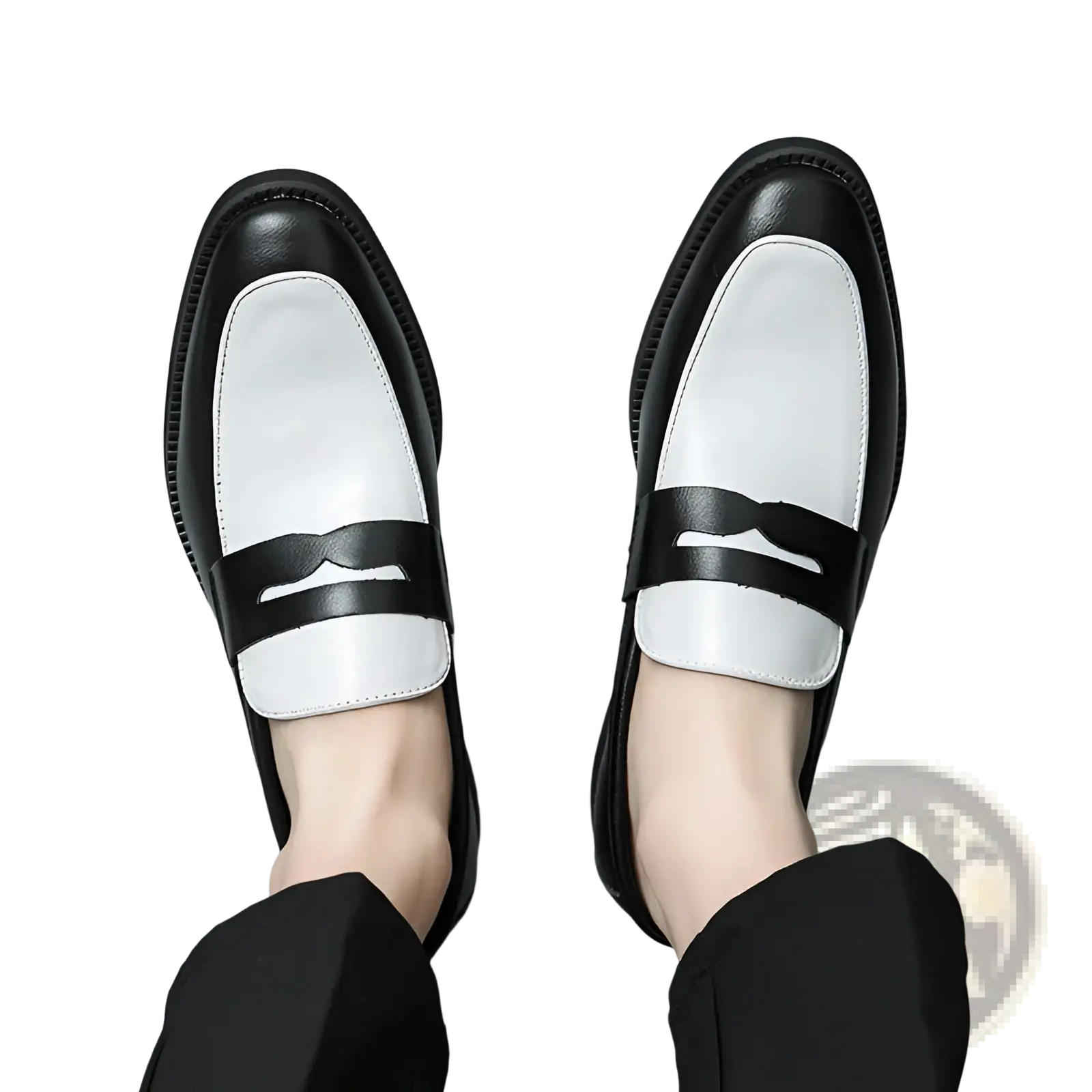 Two-tone black and white leather loafers with a contrasting strap across the vamp for casual slip-on wear