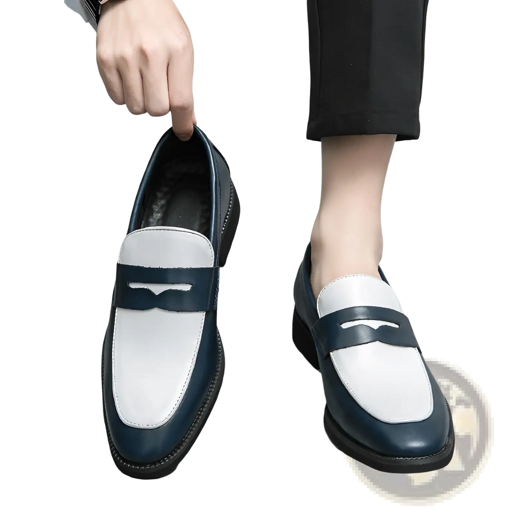 Navy and white two-tone leather loafers with a classic slip-on design for casual wear