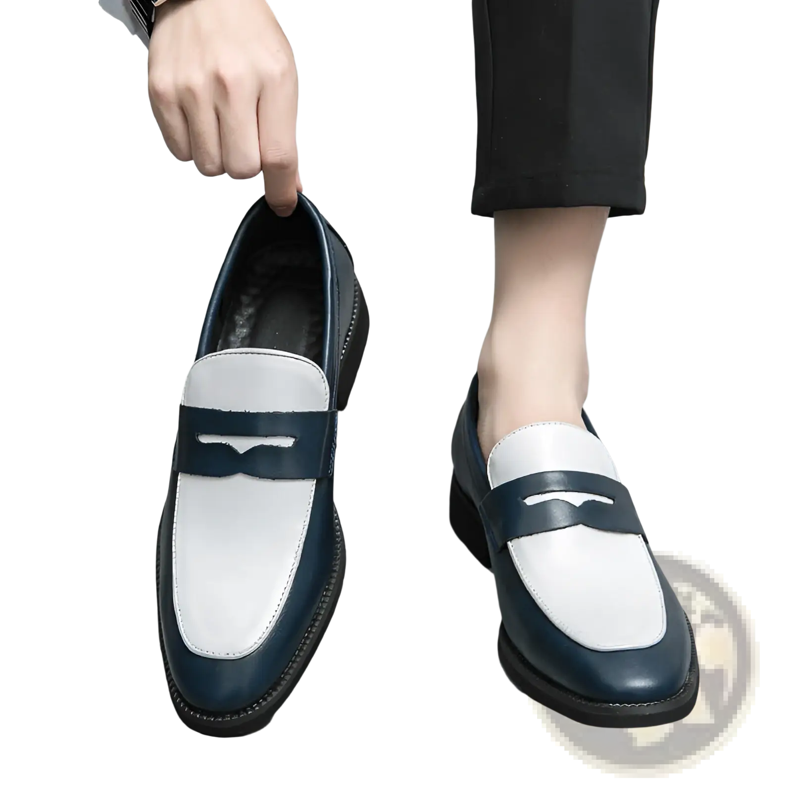Navy and white two-tone leather loafers with a classic slip-on design for casual wear
