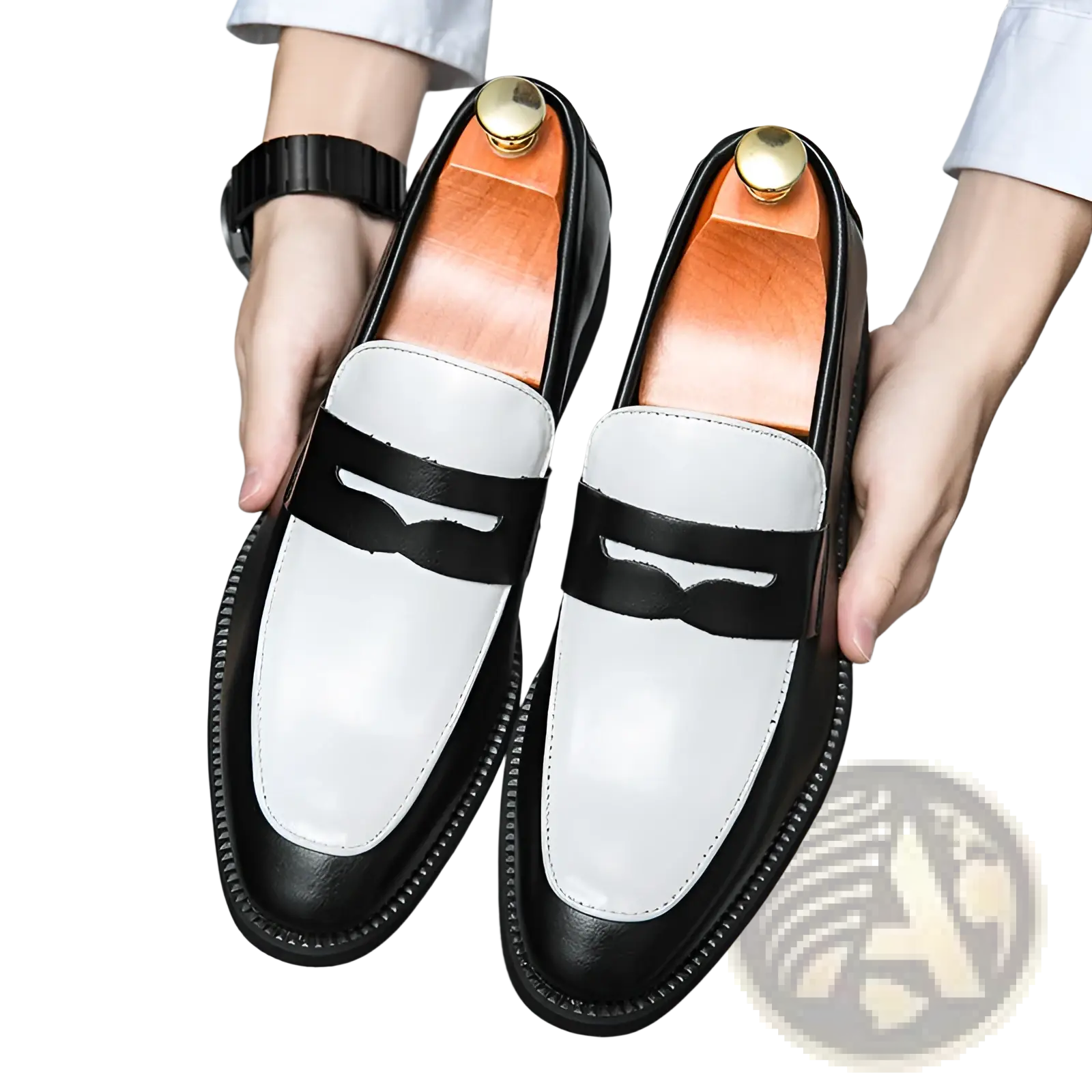 Two-tone leather loafers in black and white with a black strap casual slip-on shoes for everyday wear