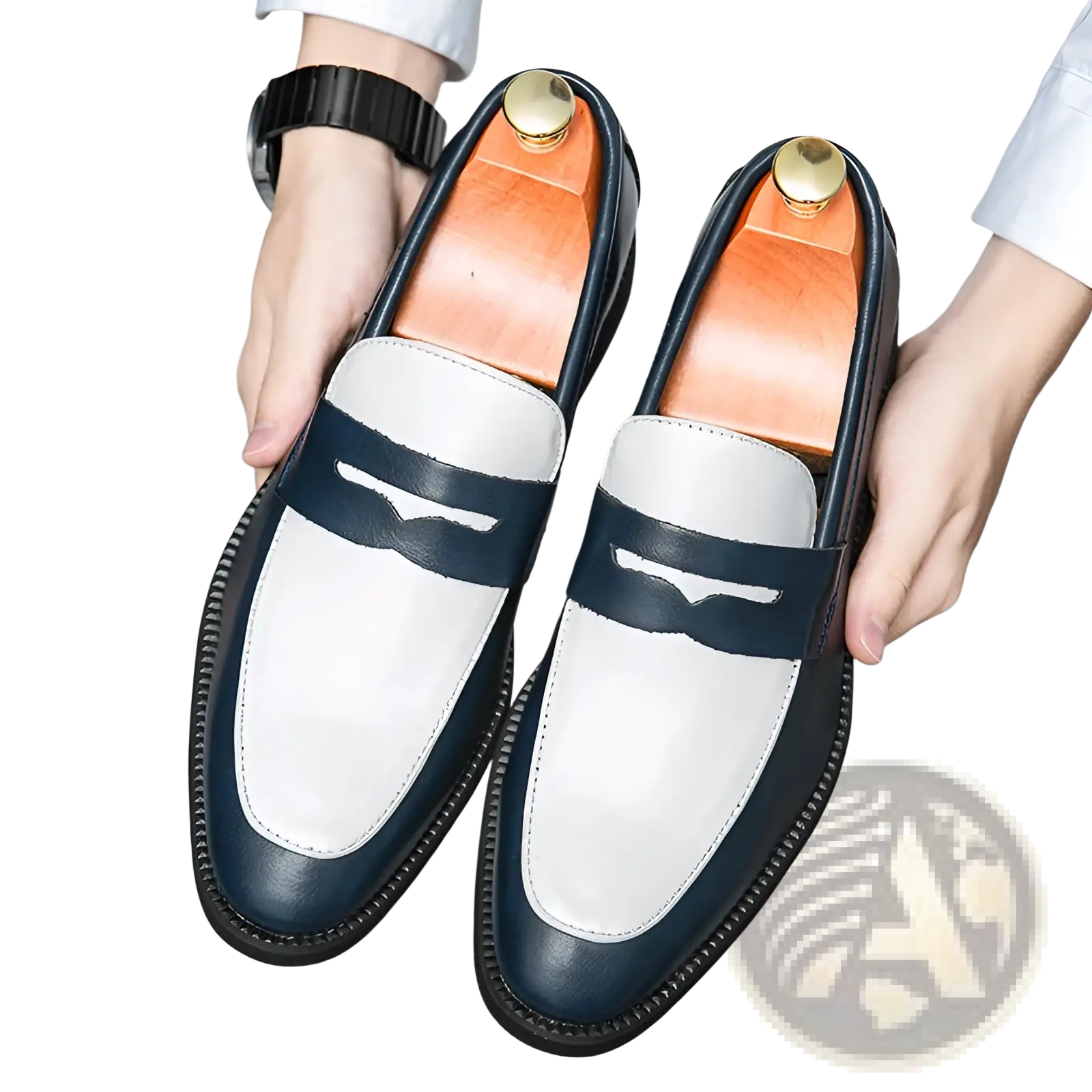 Navy and white two-tone leather loafers with a classic slip-on design for casual wear