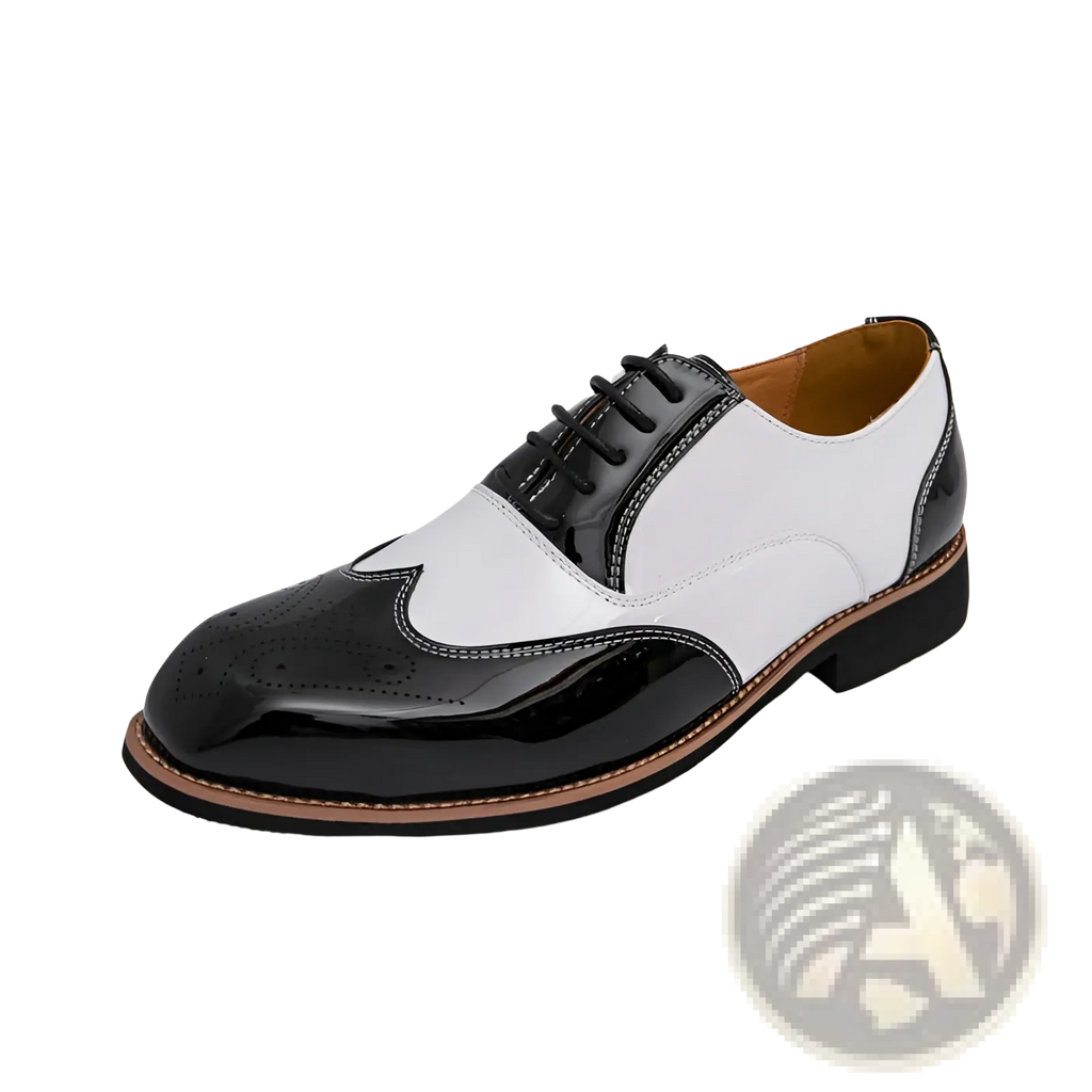 Two-tone men’s black and white patent leather brogue oxford shoe with a glossy finish