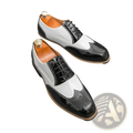 Two-tone men’s brogue oxford shoes in black and white with glossy patent leather accents for formal wear