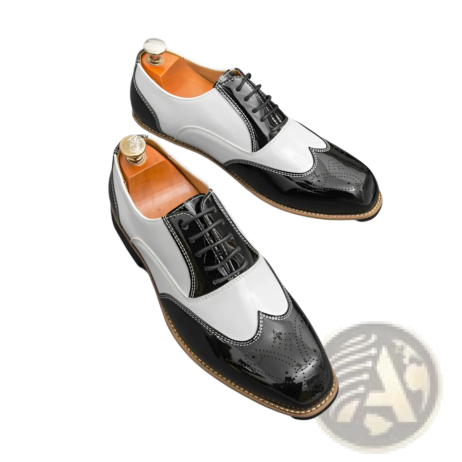 Two-tone men’s brogue oxford shoes in black and white with glossy patent leather accents for formal wear