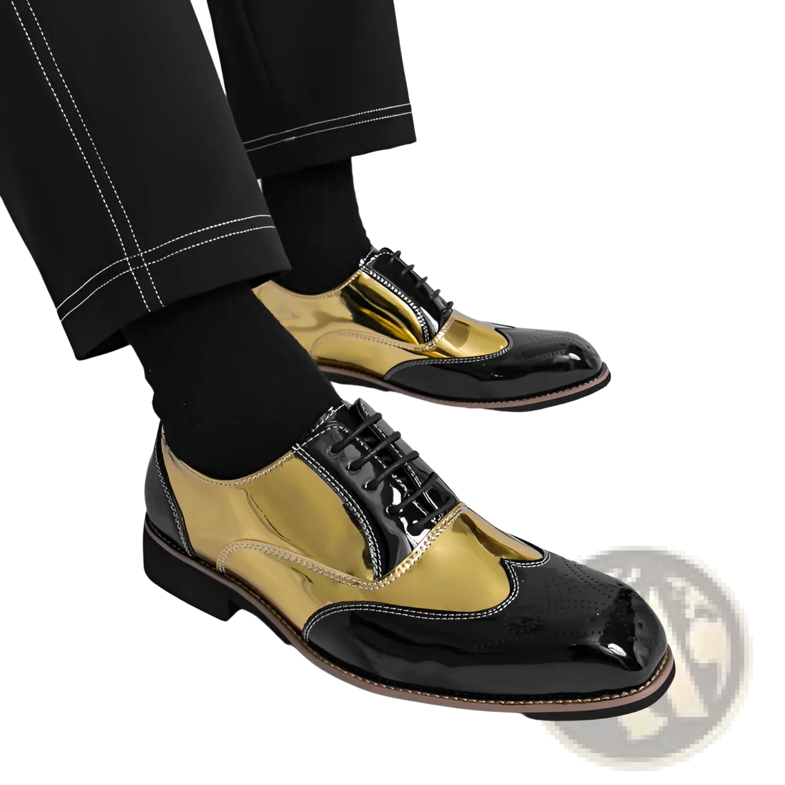 Black and gold two-tone men’s patent leather brogue oxford shoes with contrasting stitching for formal wear