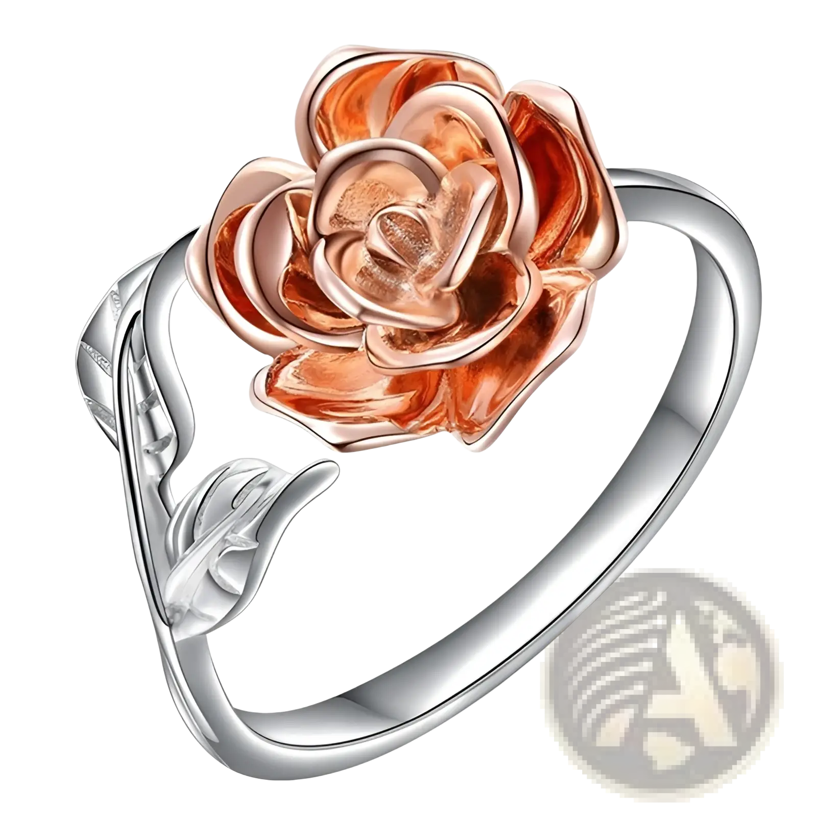 Two tone rose and leaf adjustable silver ring with polished band and rose gold flower centerpiece with leaf detailing