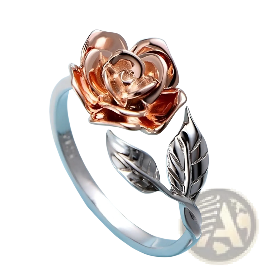 Two tone rose and leaf adjustable silver ring with polished gold-toned bloom and silver metal leaves
