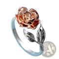 Two tone rose and leaf adjustable silver ring with polished gold-toned bloom and silver metal leaves