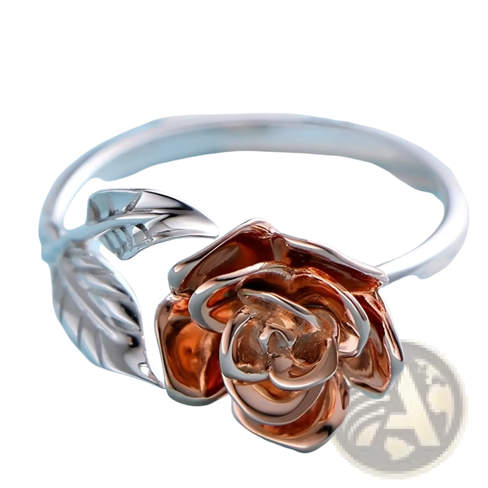 Two tone rose and leaf adjustable silver ring with delicate silver leaves and coppery gold petals