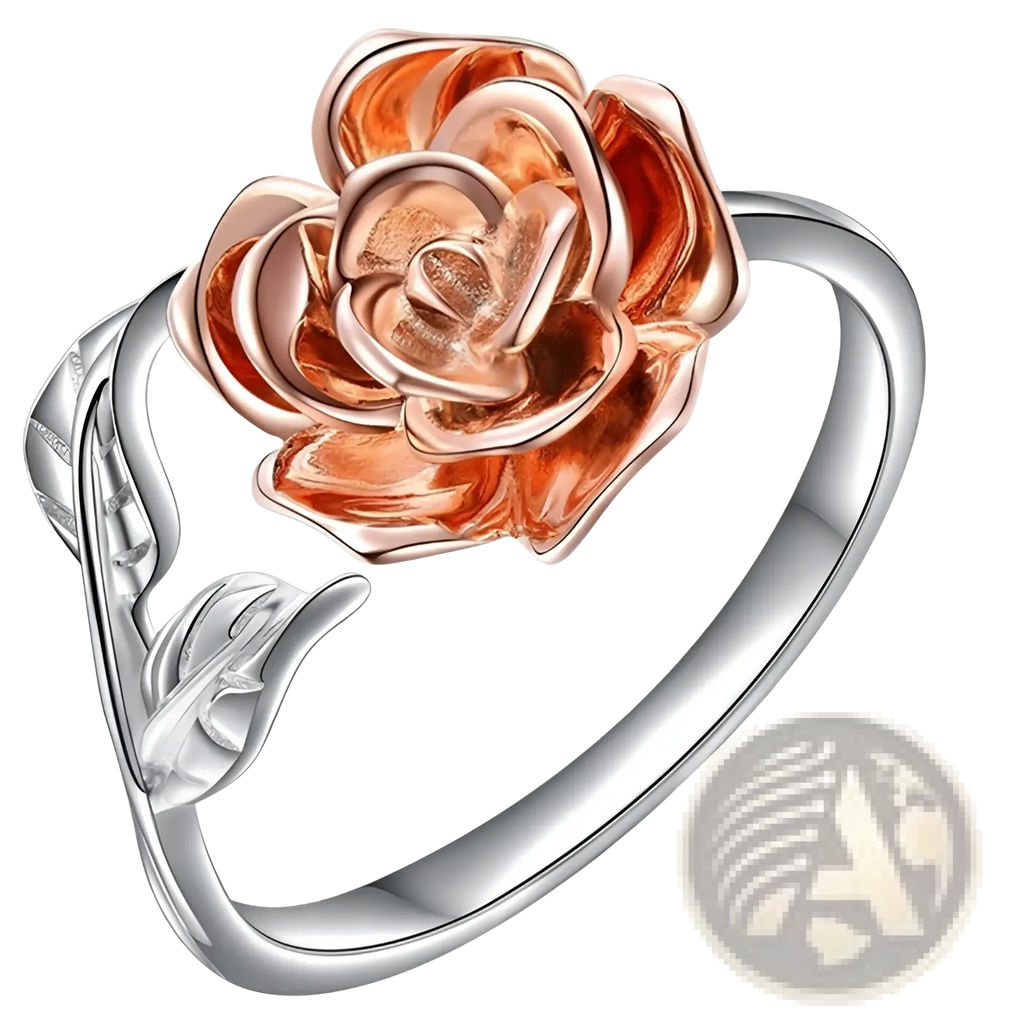 Two tone rose and leaf adjustable silver ring with polished band and detailed rose gold and clear enamel flower centerpiece