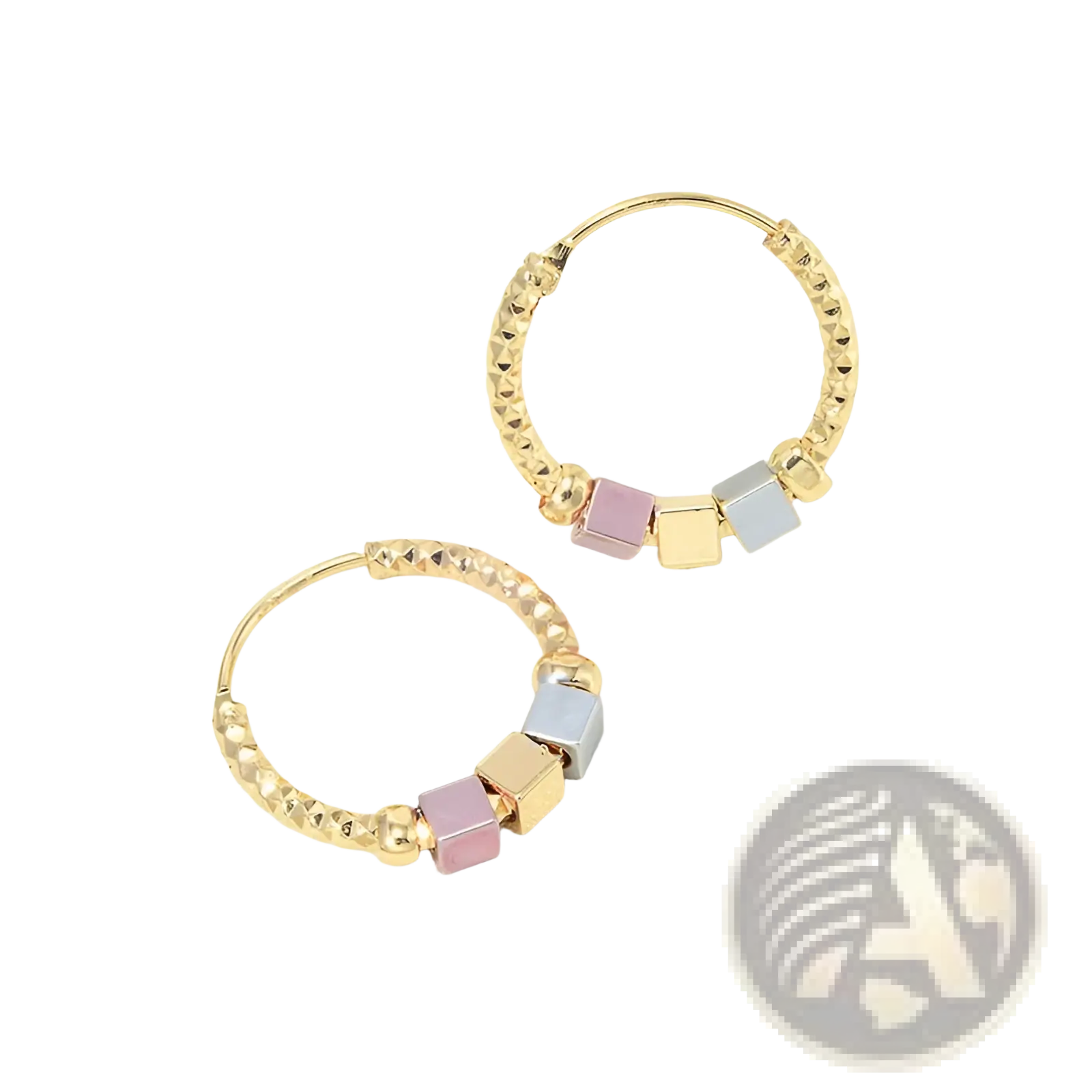 Gold-toned two tone rose motif hoop earrings with textured beaded design and pink, gold, and silver square beads