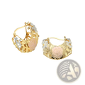Two tone gold and silver hoop earrings with delicate rose motifs and pink enamel accents