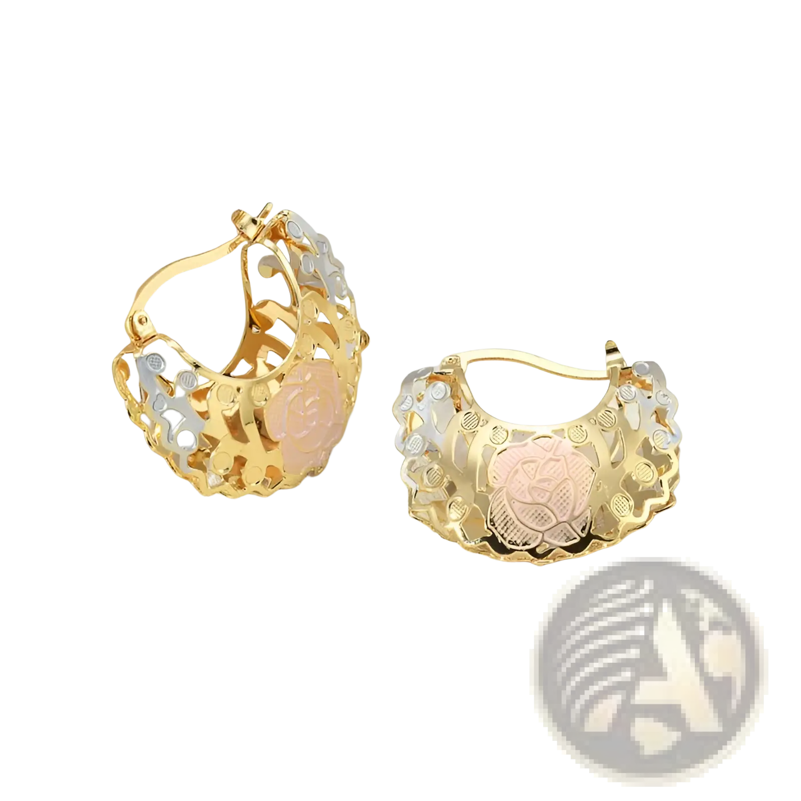 Two tone gold and silver hoop earrings with delicate rose motifs and pink enamel accents