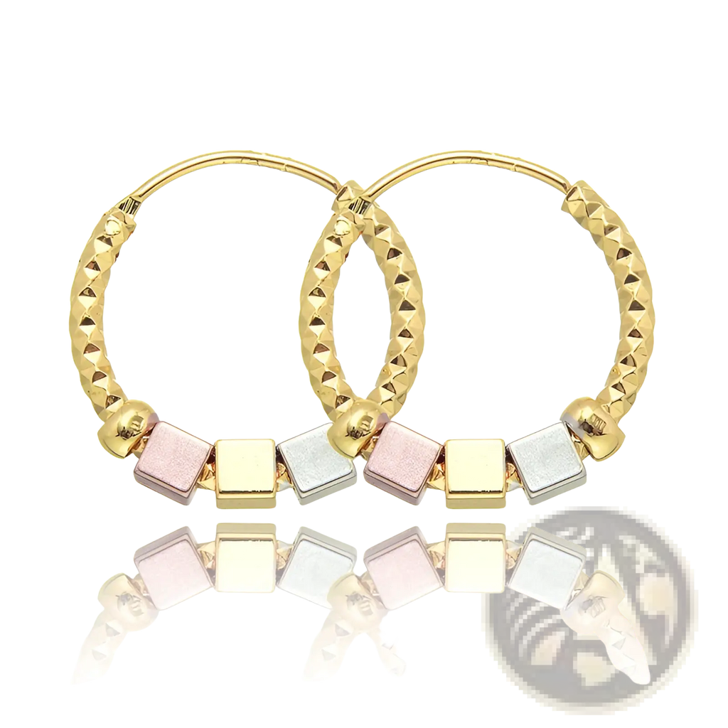 Two tone rose motif hoop earrings with gold textured finish and alternating rose, yellow, and silver square beads with pink enamel accents