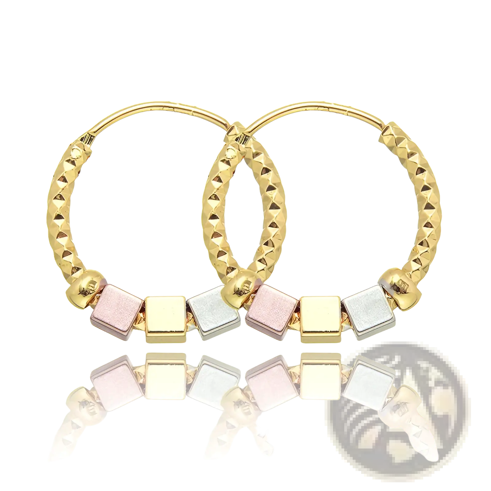 Two tone rose motif hoop earrings with gold textured finish and alternating rose, yellow, and silver square beads with pink enamel accents
