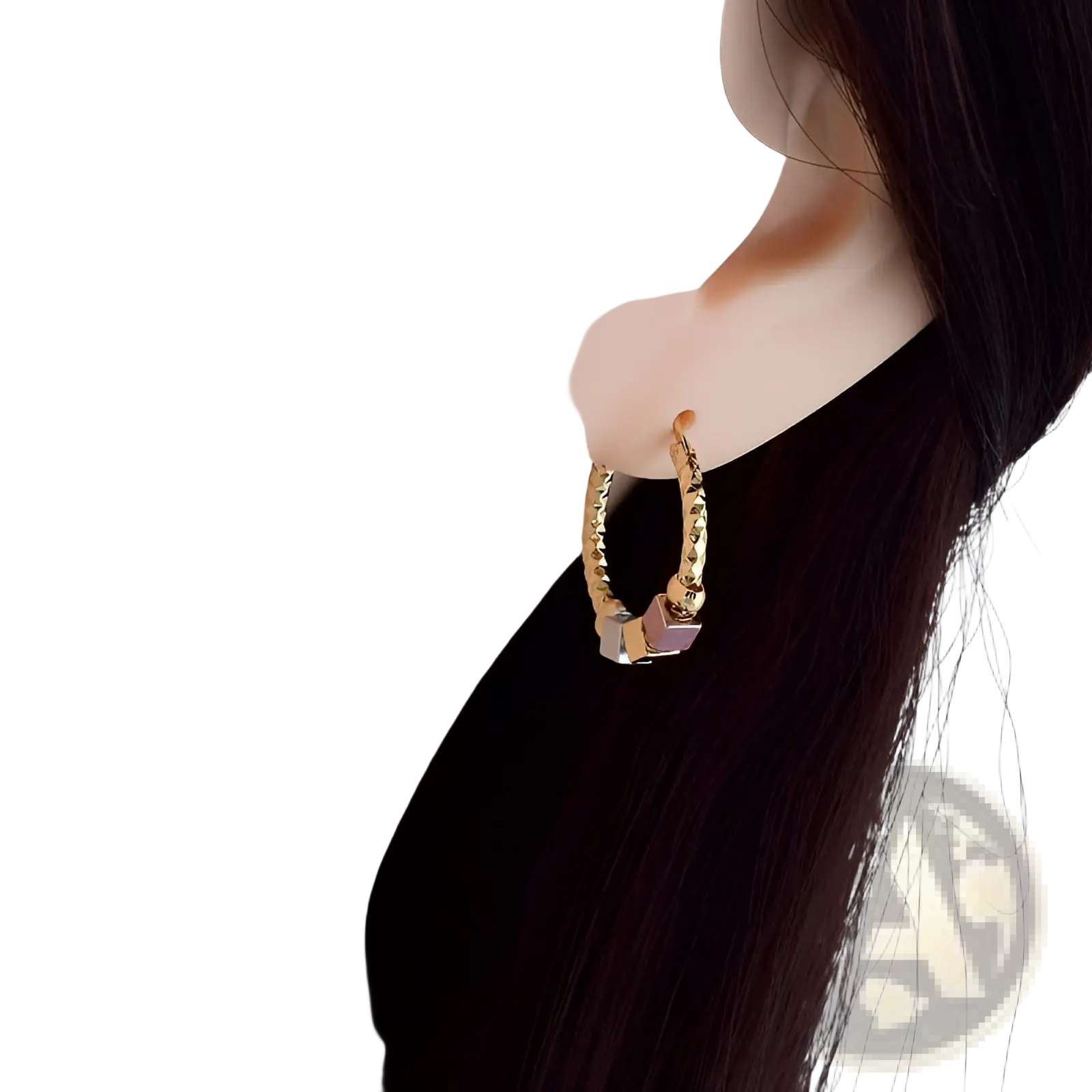 Gold-toned twisted hoop earring with textured design and small rectangular pink gemstone from two tone rose motif collection