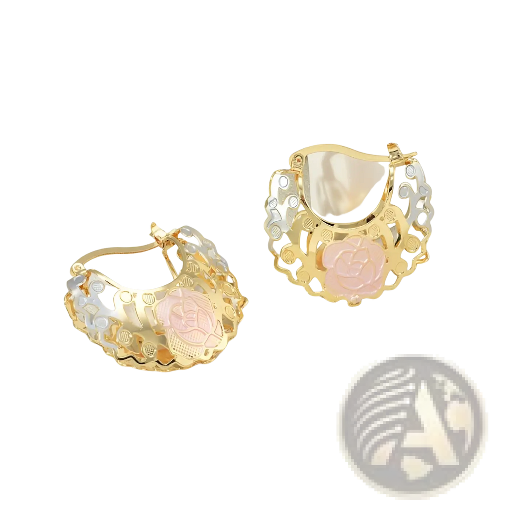 Two tone gold and silver hoop earrings with rose motif and pink enamel accents featuring delicate embellishments