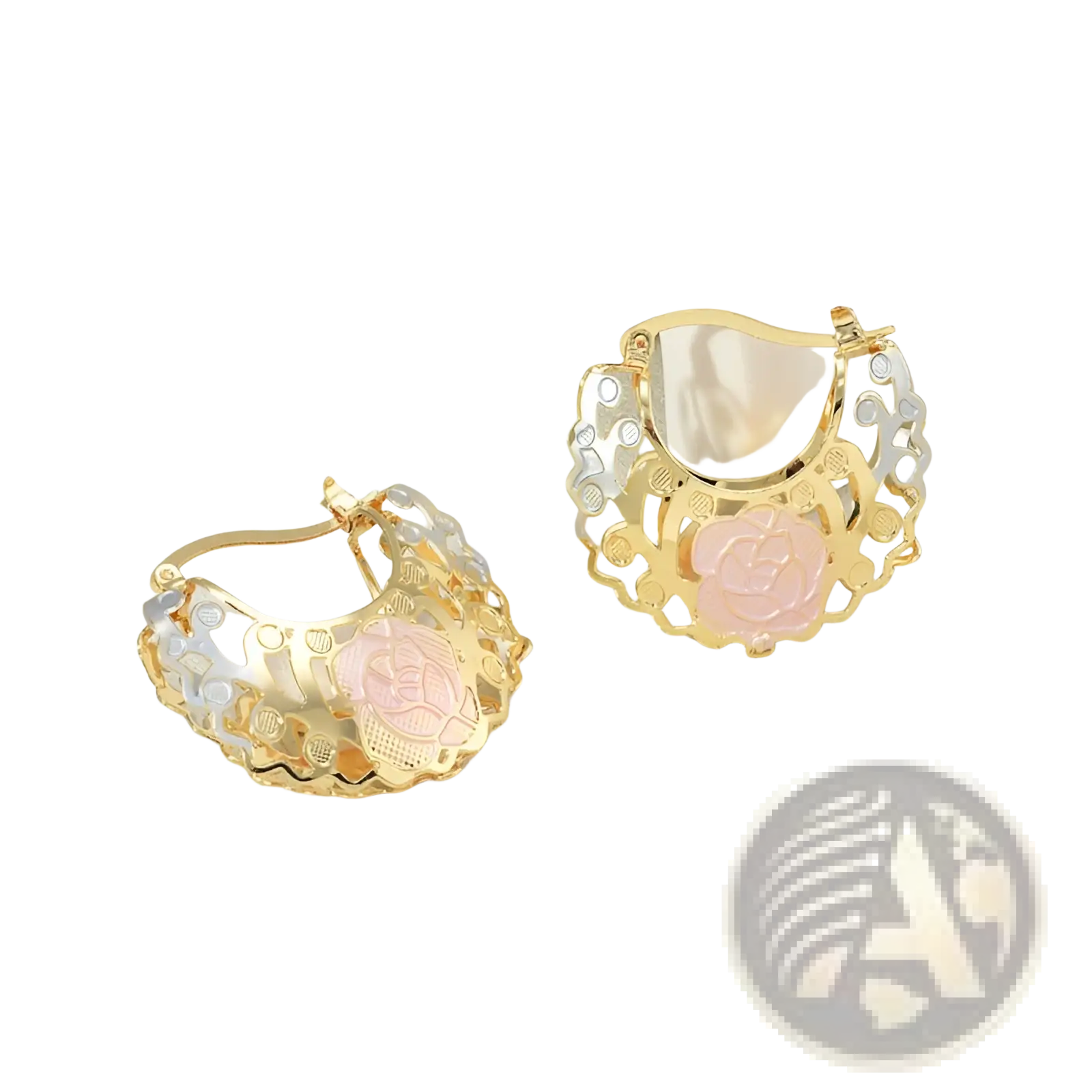 Two tone gold and silver hoop earrings with rose motif and pink enamel accents featuring delicate embellishments