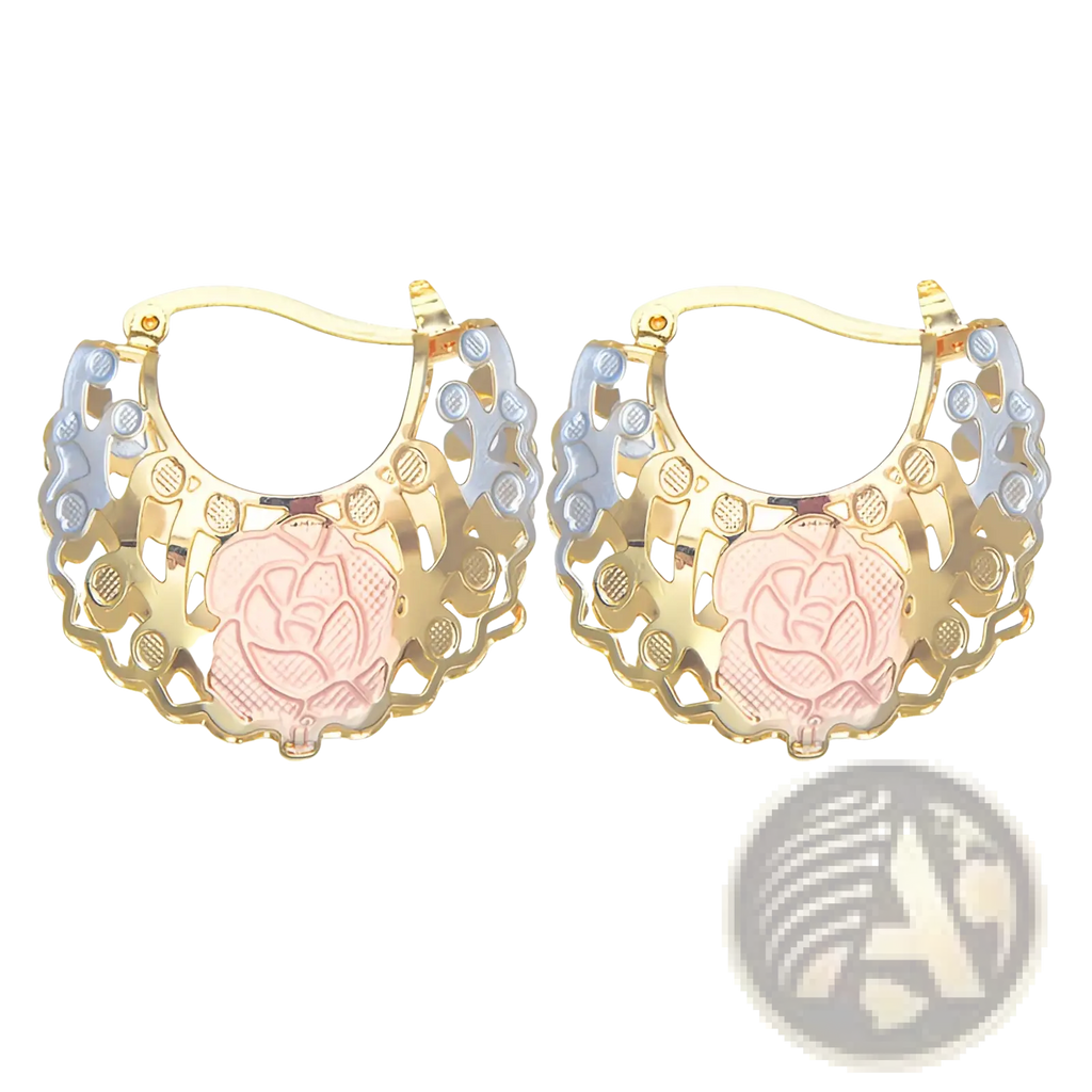 Two tone gold and light blue hoop earrings with pink enamel rose and intricate filigree detailing