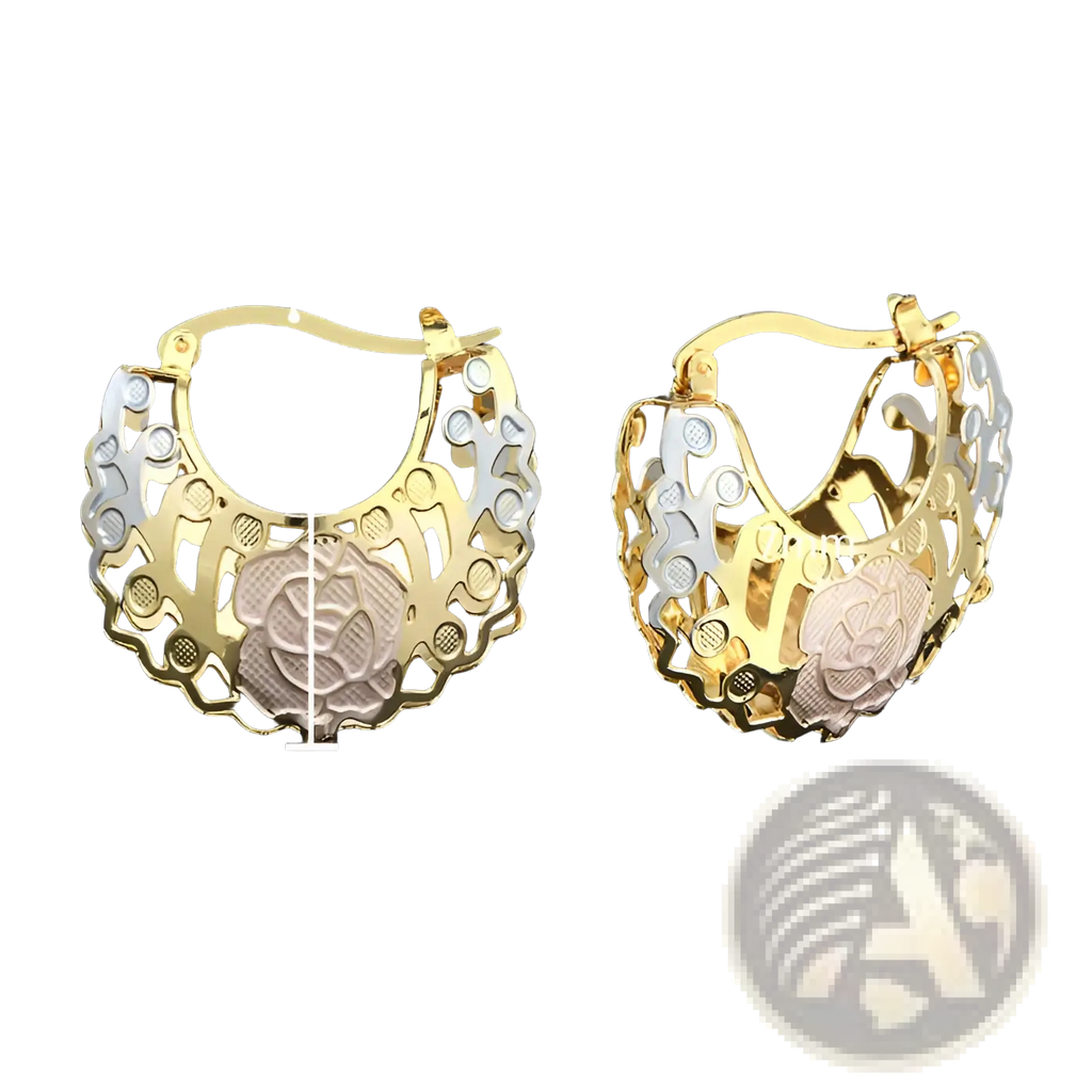 Two tone rose motif hoop earrings featuring gold and silver copper with intricate floral cut-out designs and pink enamel accents