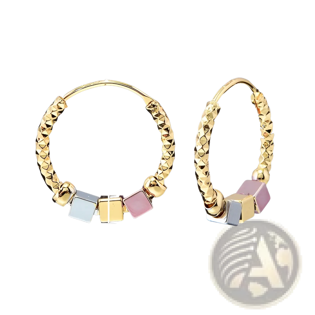 Gold-plated copper two tone rose motif hoop earrings with textured braided design and pastel blue pink gold beads