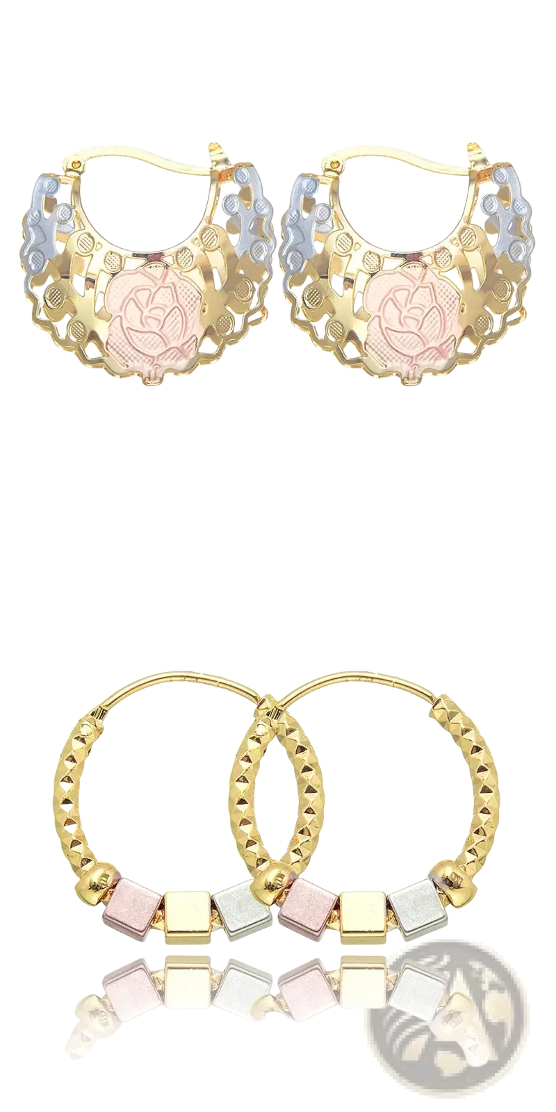 Gold-tone two tone rose motif hoop earrings with pink enamel accents and alternating pink silver and gold square beads