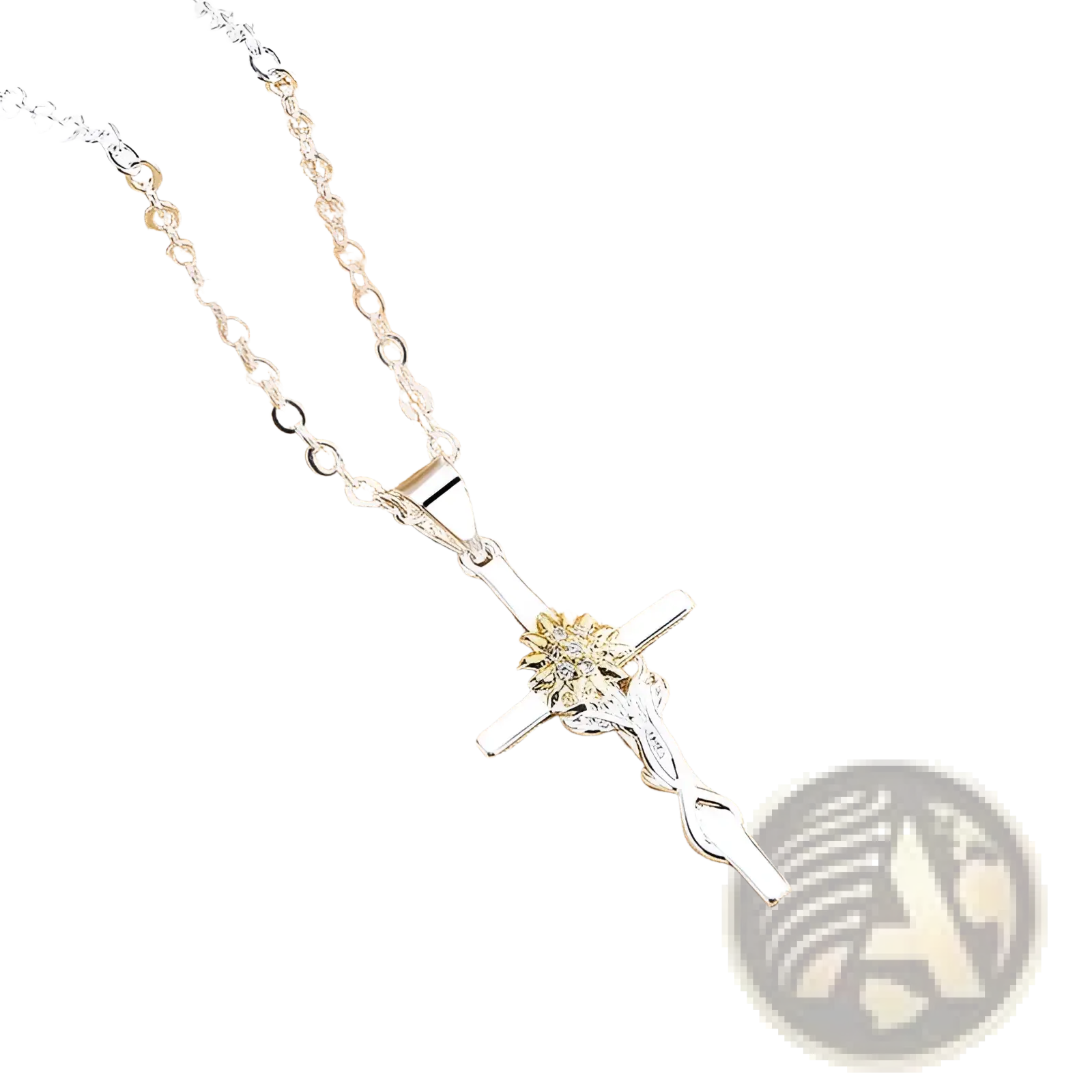Two-tone silver and gold sunflower cross pendant necklace with a delicate chain and ornate rose design accented by stones