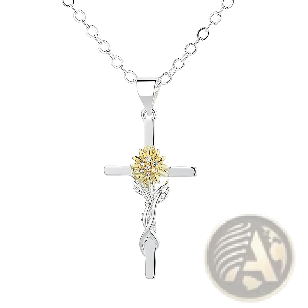 Two-tone silver and gold sunflower cross pendant necklace featuring a gold sunflower with clear stones and leaf accents