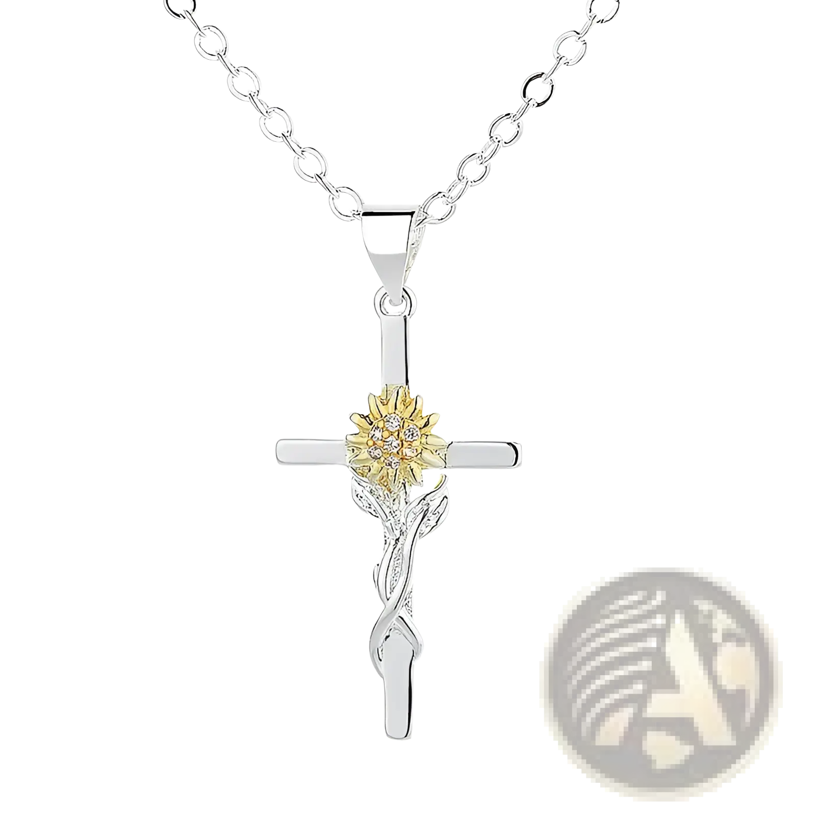 Two-tone silver and gold sunflower cross pendant necklace featuring a gold sunflower with clear stones and leaf accents