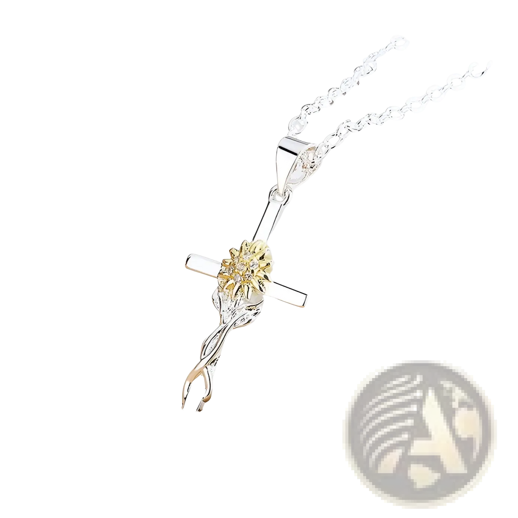 Two-tone silver and gold sunflower cross pendant necklace with delicate twisted vine detailing on an elegant chain