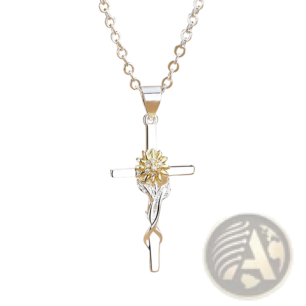 Two-tone silver and gold sunflower cross pendant necklace with sparkling stones and delicate leaf detailing