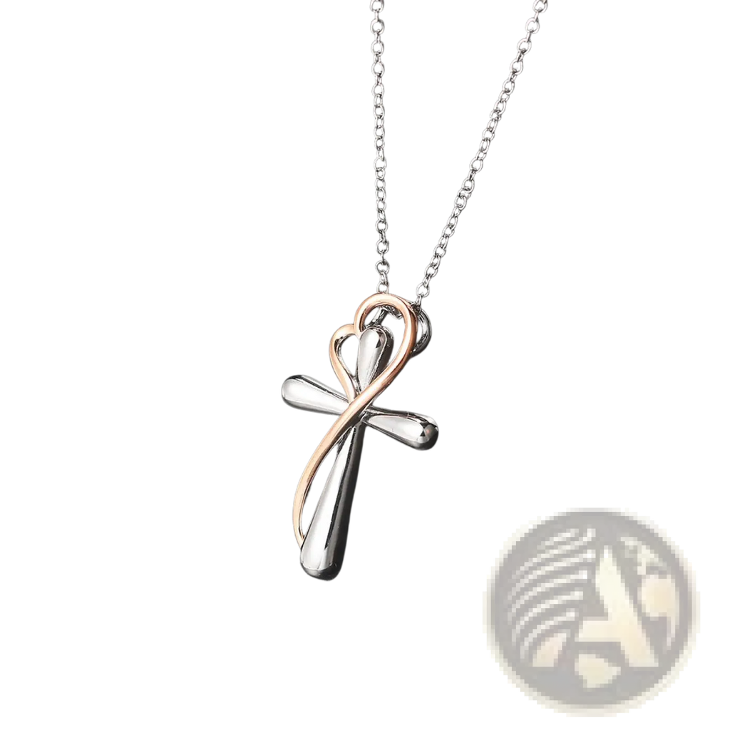 Two tone silver and rose gold heart infinity cross necklace pendant on a delicate chain for elegant wear