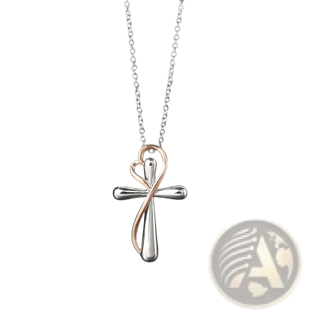 Two tone silver and rose gold heart infinity cross pendant with a delicate chain in a loop design