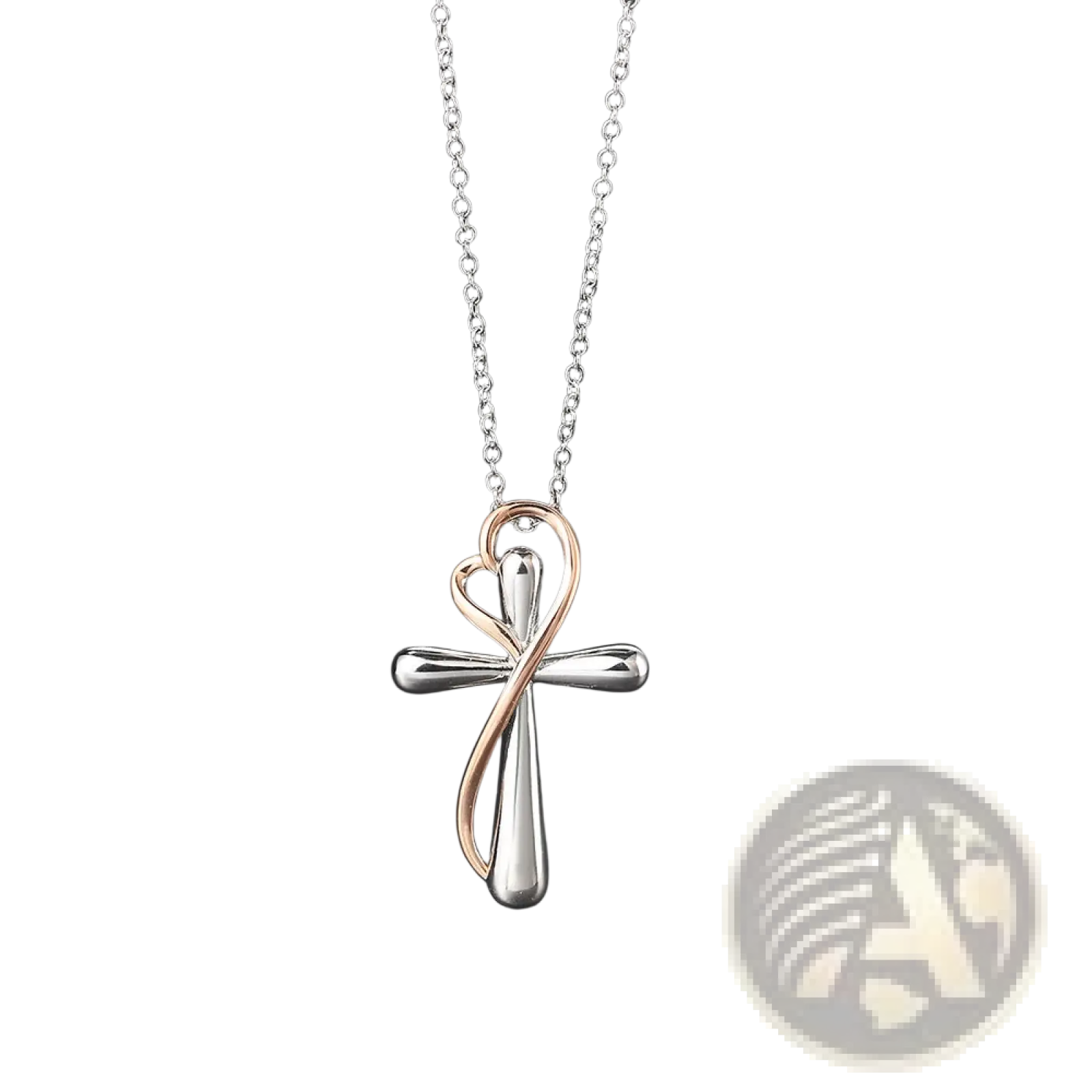 Two tone silver and rose gold heart infinity cross pendant with a delicate chain in a loop design