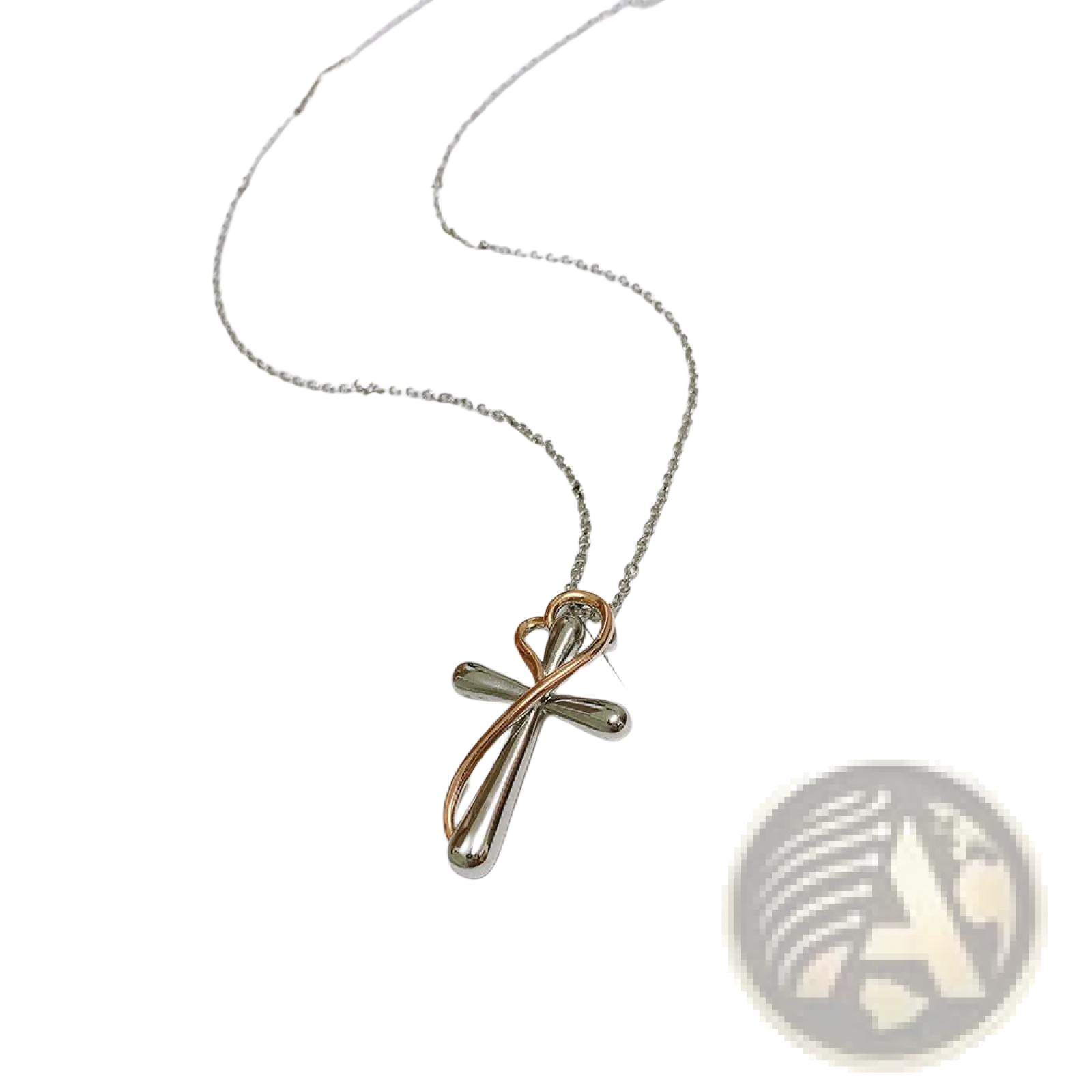 Two tone silver and rose gold heart infinity cross pendant necklace with a sleek modern design