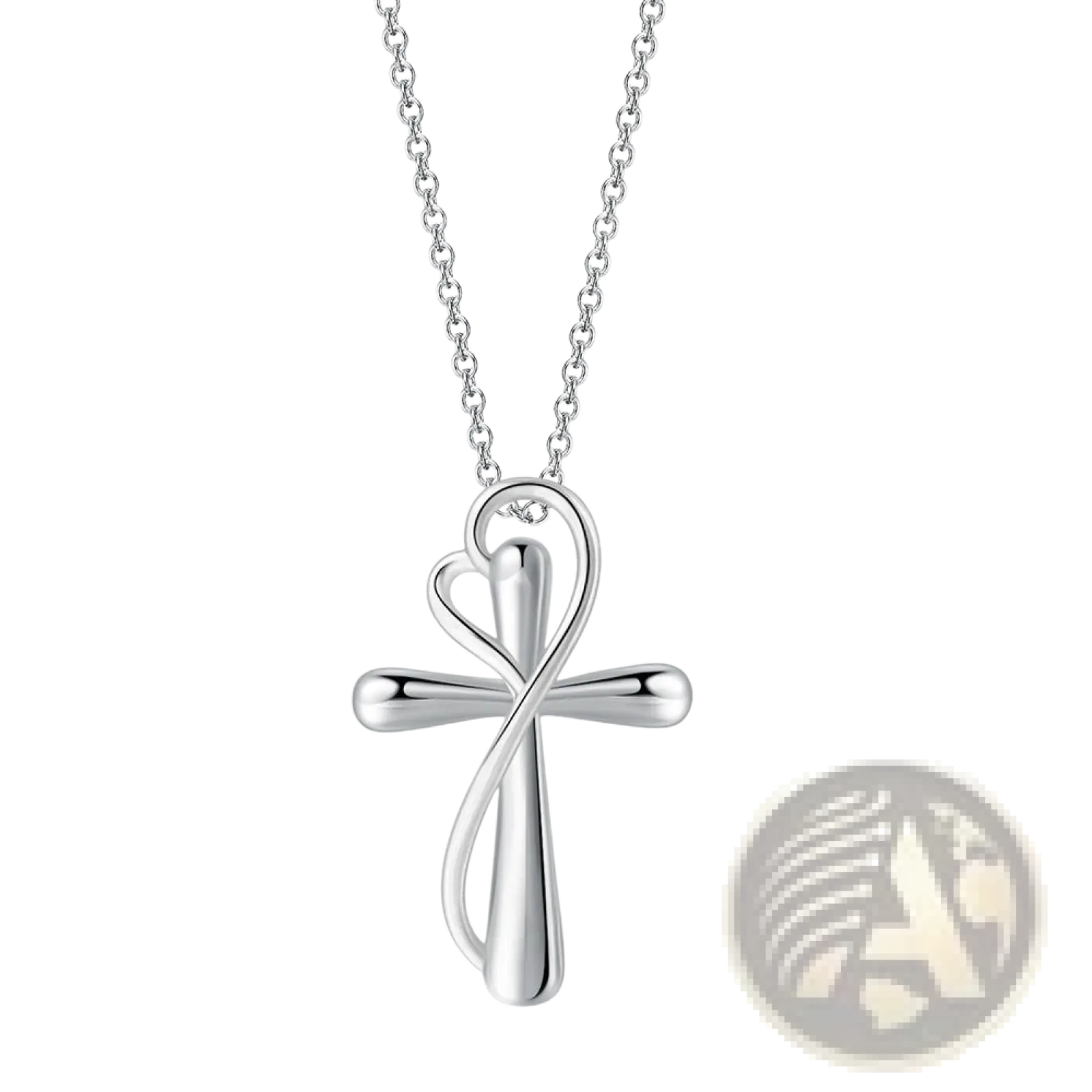 Two tone silver and rose gold heart infinity cross necklace with a polished metal heart-shaped pendant and elegant chain