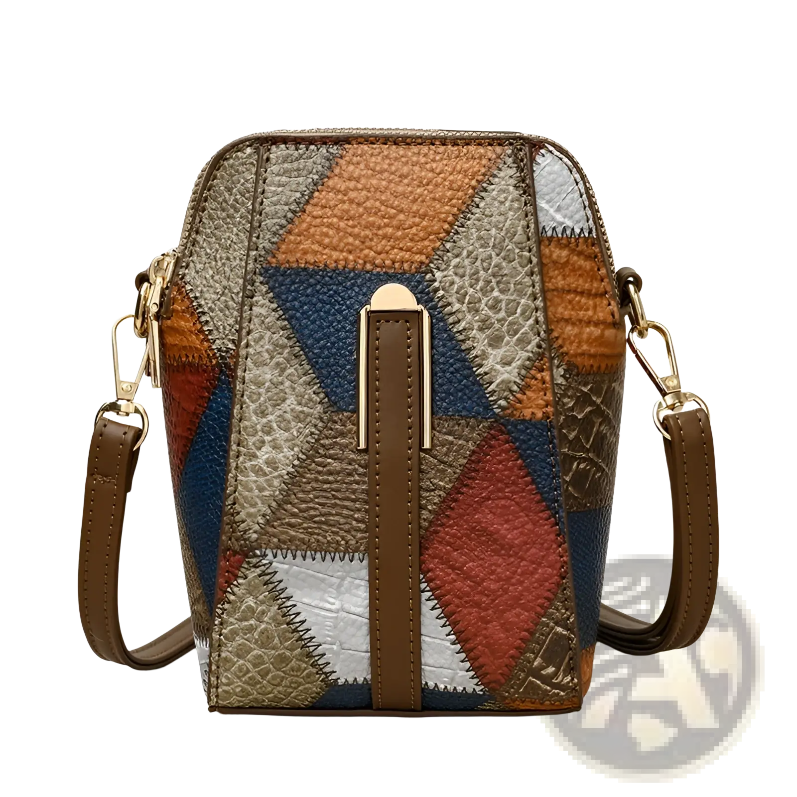Two tone soft leather contrast stitch shoulder bag with patchwork geometric panels in earthy tones and gold hardware