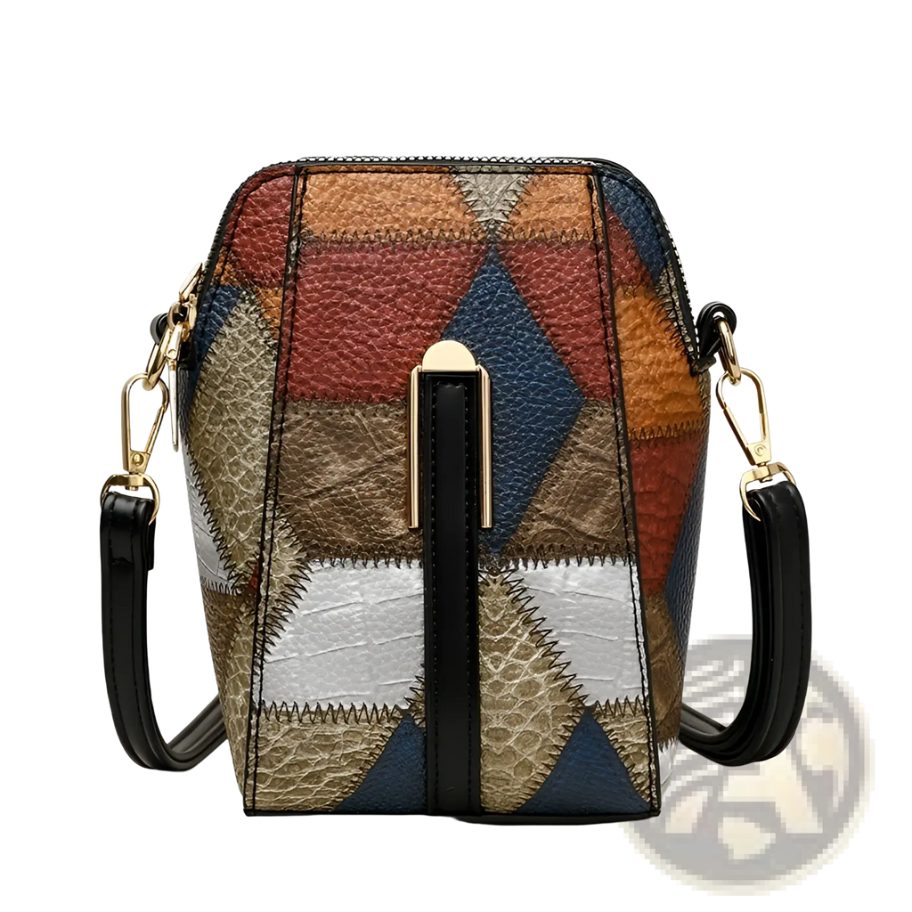 Two tone soft leather contrast stitch shoulder bag with patchwork geometric patterns in red, blue, brown, and silver tones