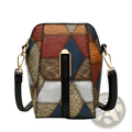 Two tone soft leather contrast stitch shoulder bag with patchwork geometric patterns in red, blue, brown, and silver tones