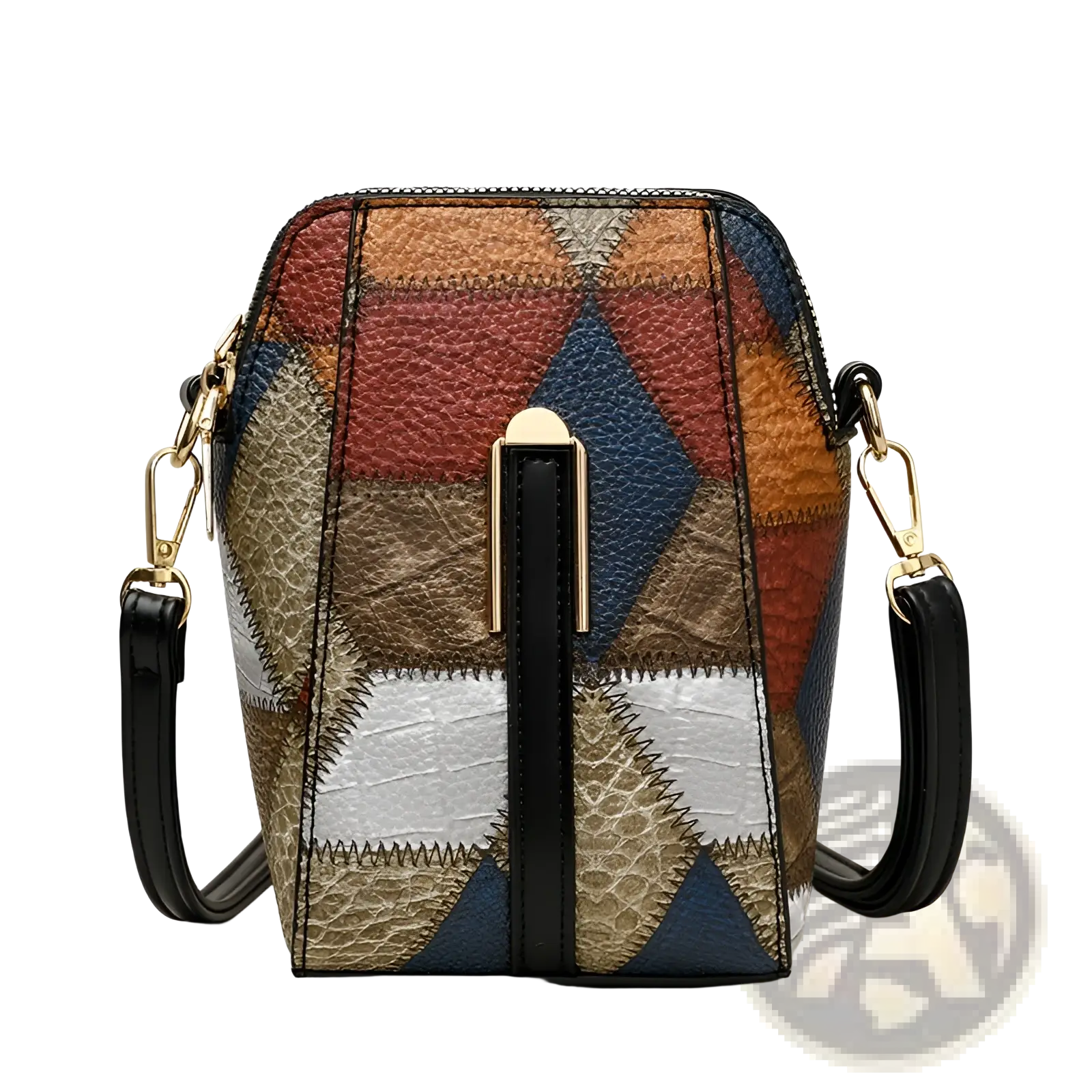 Two tone soft leather contrast stitch shoulder bag with patchwork geometric patterns in red, blue, brown, and silver tones