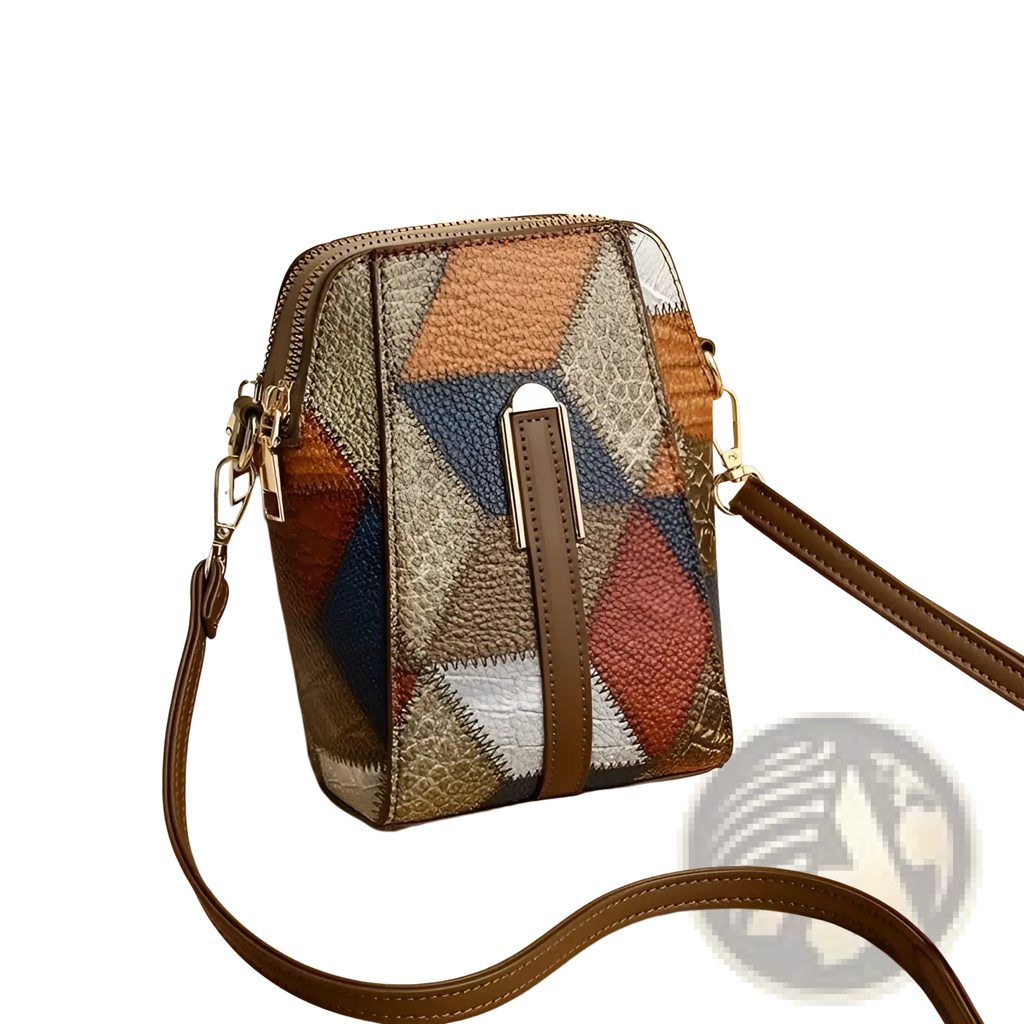 Two tone soft leather contrast stitch shoulder bag with patchwork geometric patterns in earthy tones and tan straps