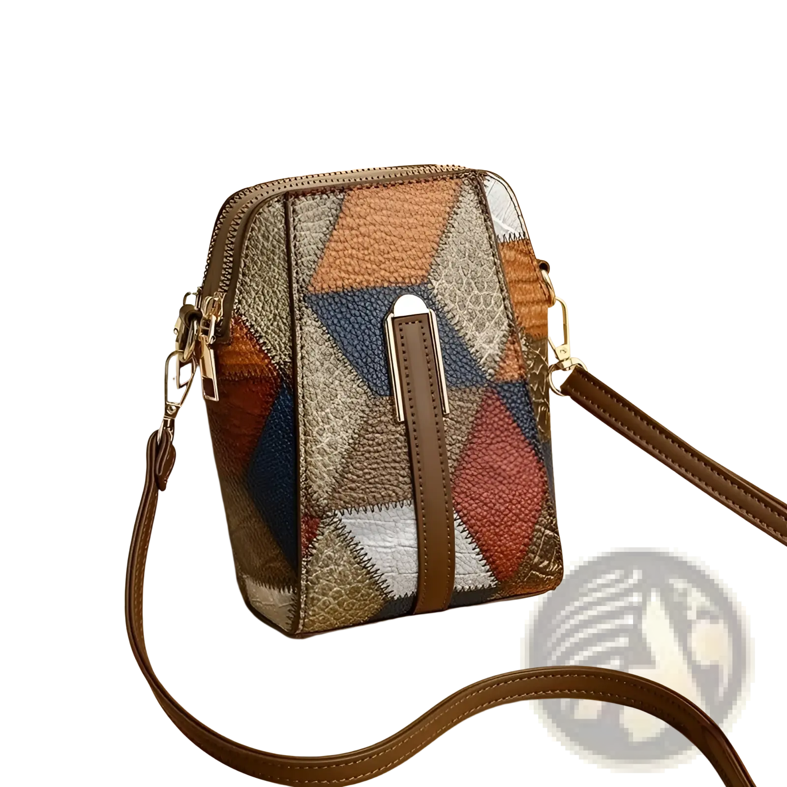 Two tone soft leather contrast stitch shoulder bag with patchwork geometric patterns in earthy tones and tan straps