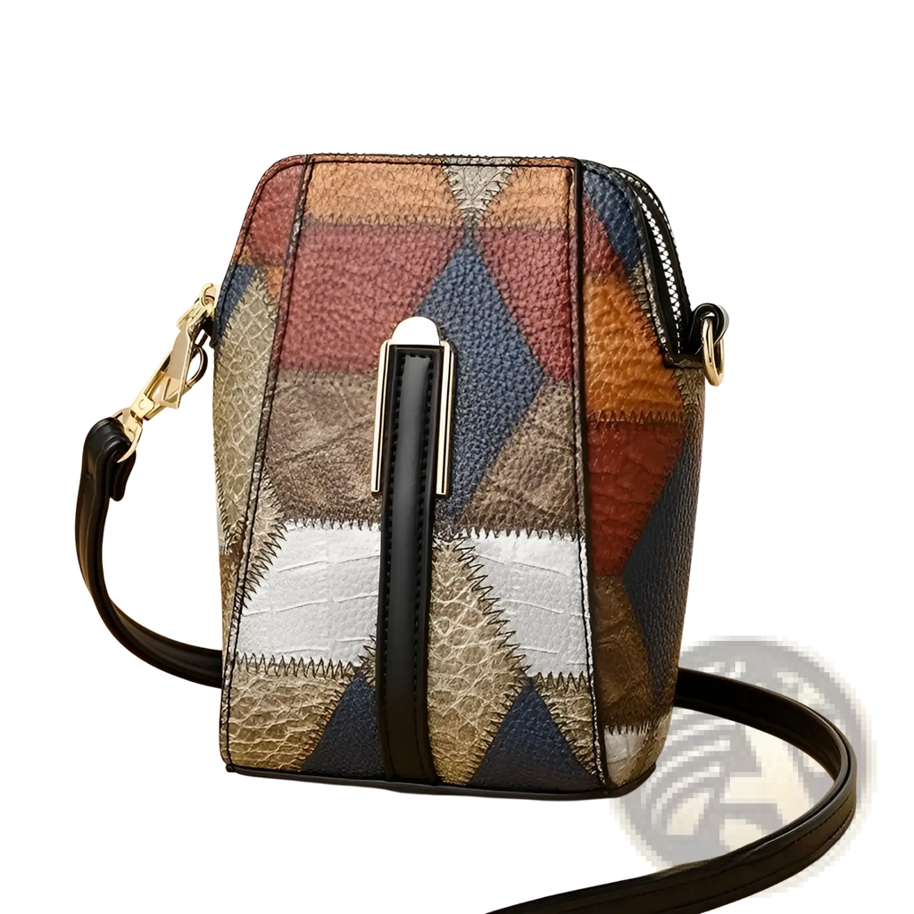 Two tone soft leather contrast stitch shoulder bag with patchwork geometric patterns in brown blue and beige with black strap