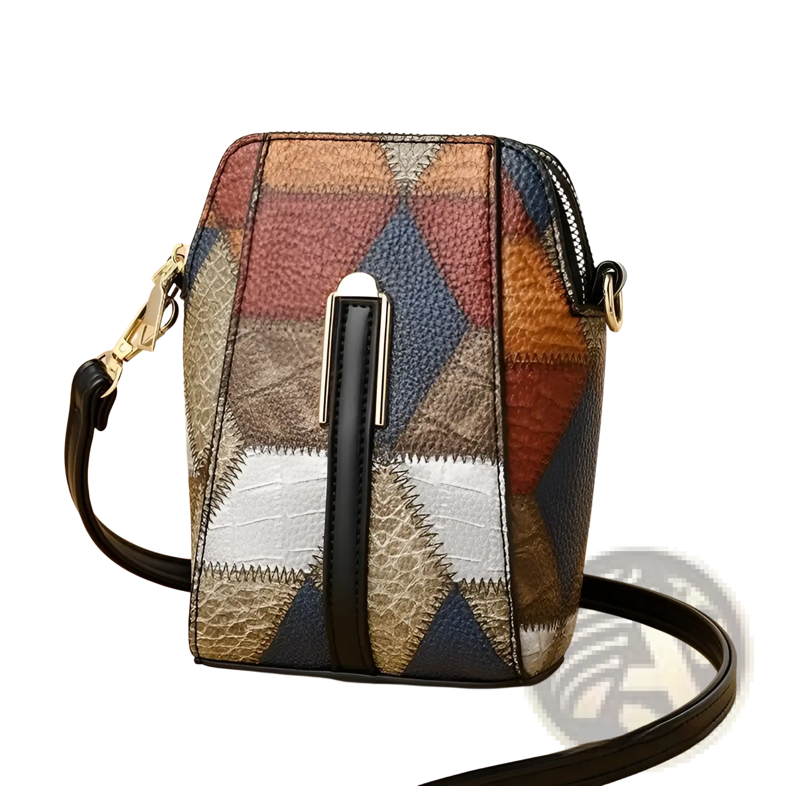 Two tone soft leather contrast stitch shoulder bag with patchwork geometric patterns in brown blue and beige with black strap
