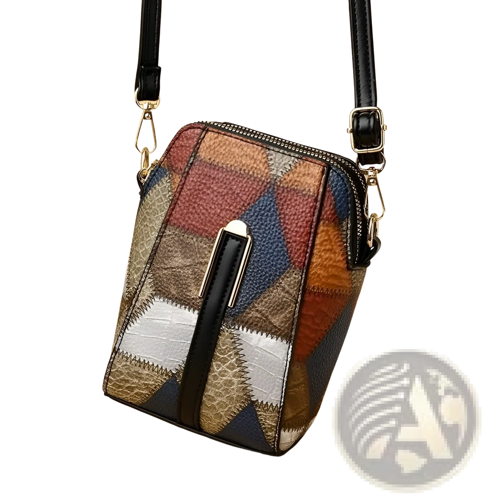 A two tone soft leather contrast stitch crossbody bag with a multicolored geometric patchwork pattern in red blue brown and silver