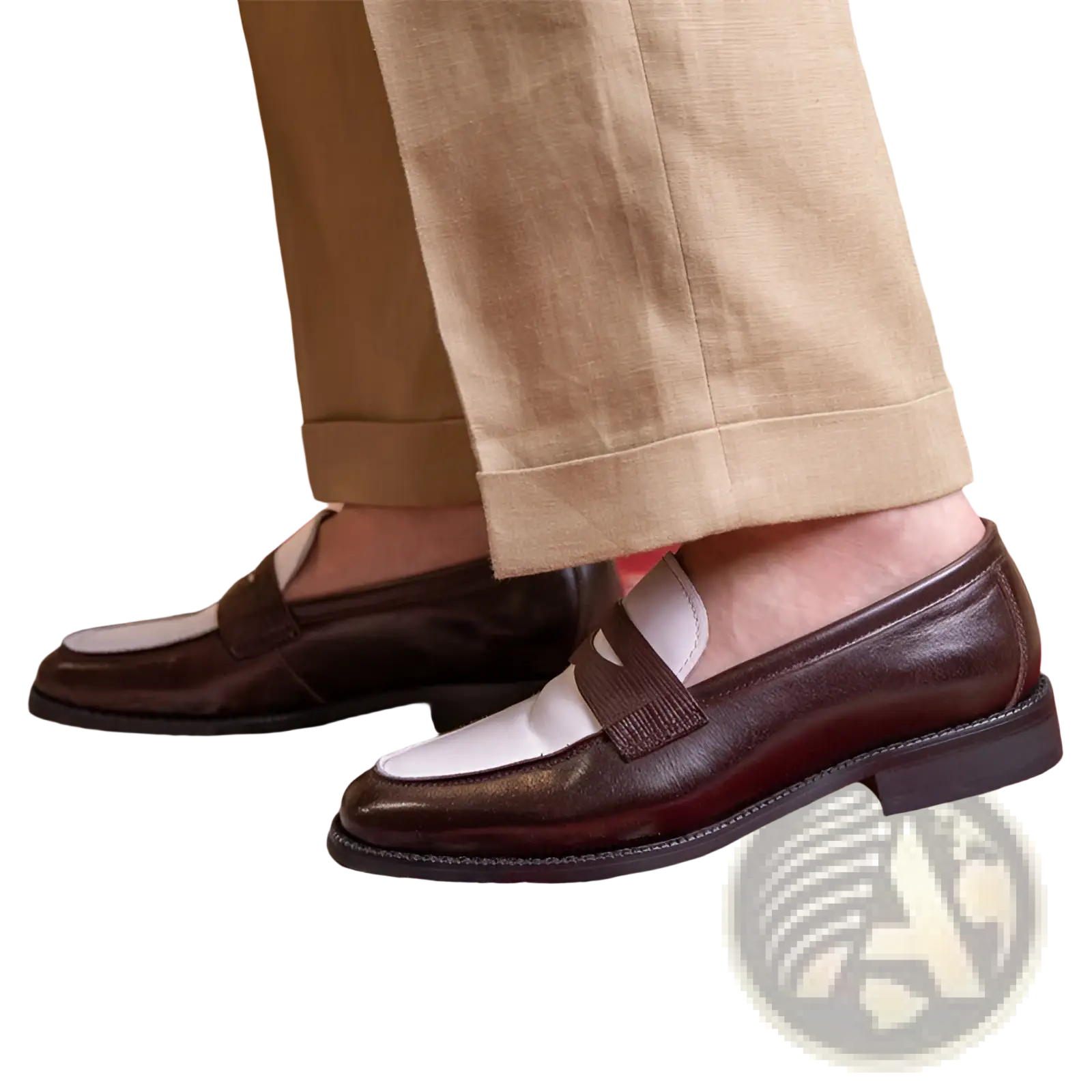 Two tone square toe leather loafers featuring brown leather with a contrasting white panel and stitched detailing