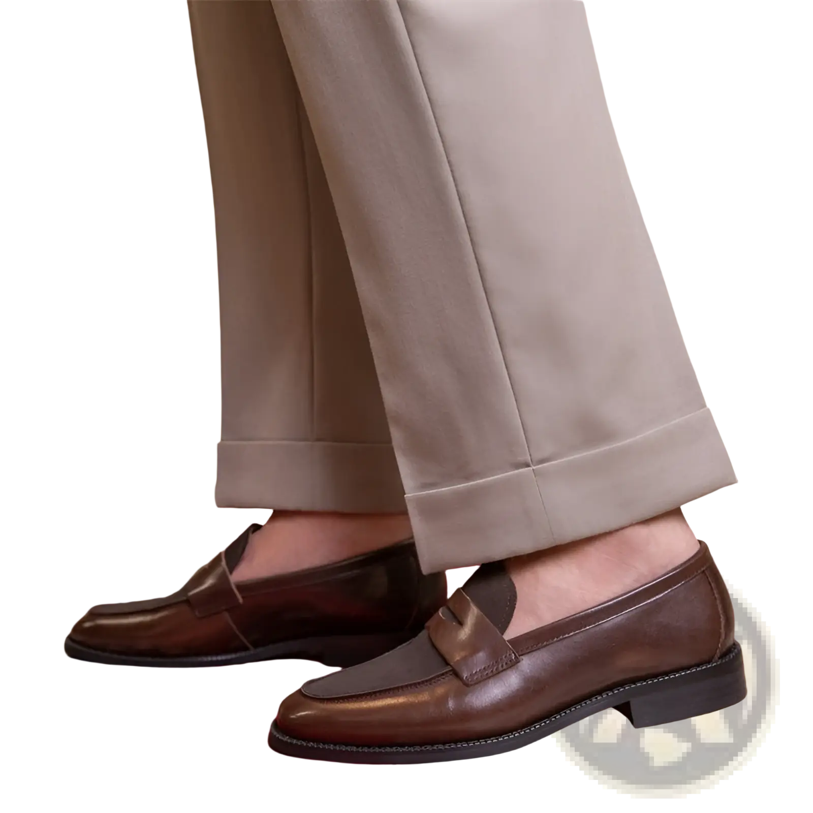 Two tone square toe leather loafers in brown with classic slip on design and darker brown leather accents