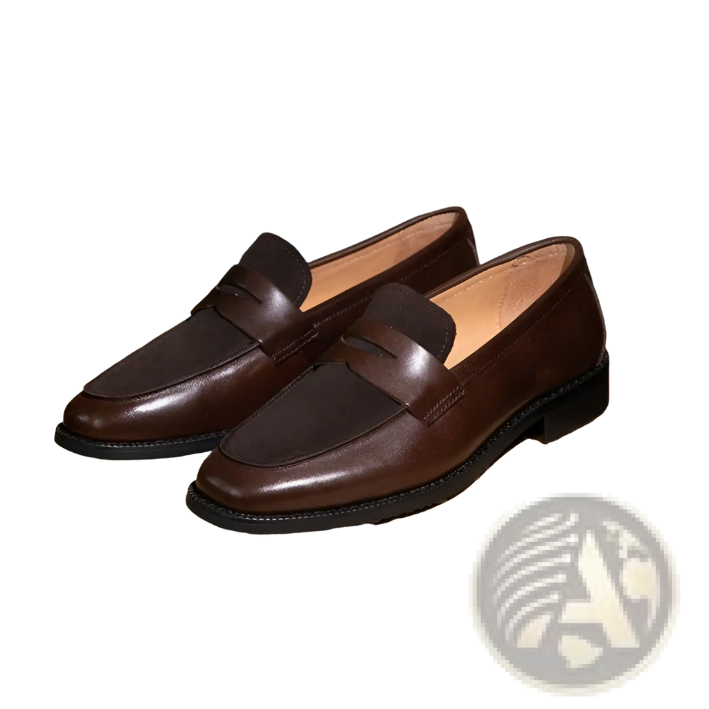 Two tone square toe leather loafers in brown with dark brown suede accents and a classic slip on design